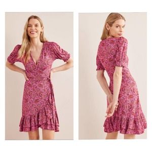 Boden Ruffle Wrap Jersey Dress Carmine Rose Pink Paisley Terrace 10 EUC
